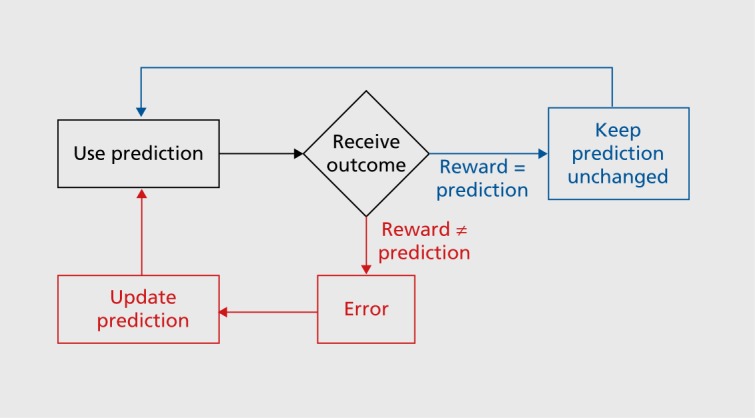 Flowchart of reward prediction error: use a prediction, receive an outcome, and if reward equals prediction keep it unchanged, otherwise compute an error and update the prediction.