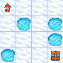 A Q-learning agent crossing the FrozenLake grid from start to goal, avoiding holes.